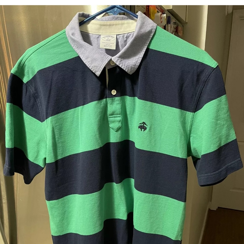 Brooks Brothers 346 Mens Performance Polo Slim Fit Stripe Shirt XL Green Navy